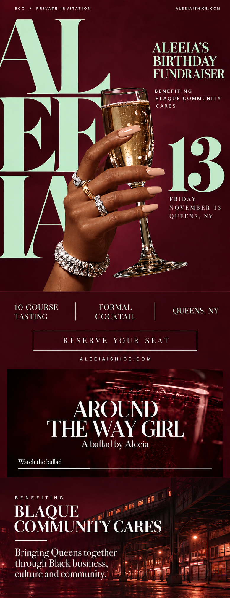 Aleeia’s Birthday Fundraiser invitation in the original burgundy and mint typography, with a jeweled hand holding champagne.